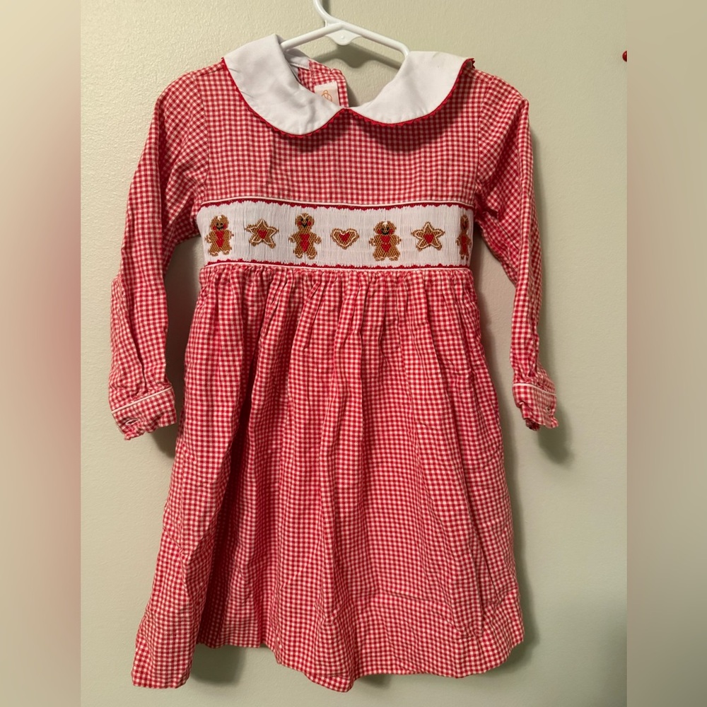 Anavini Smocked Gingerbread Red Gingham Long Sleeve Dress w